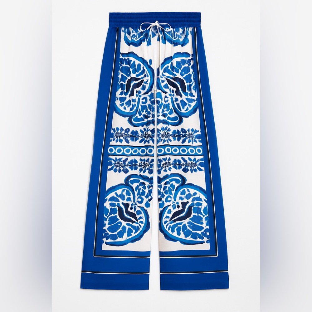 EUC Zara Blue & White Satin-Feel Wide Leg Printed Pants – Size XL